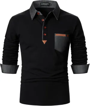Long Sleeve Polo Shirts for Men Stylish Patchwork Contrasting Color Golf Polos Cotton Polo Shirt Tops with Pocket