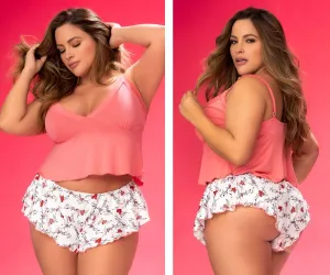 Mapale 7535X Curvy Size Two Piece Pajama Set Top and Shorts Color Coral-Love Print