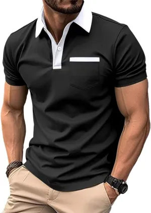 Mens Casual Polo Shirts Short Sleeve Button Golf Slim Fit Shirt with Pocket & Collar Spring Summer Stylish Tops
