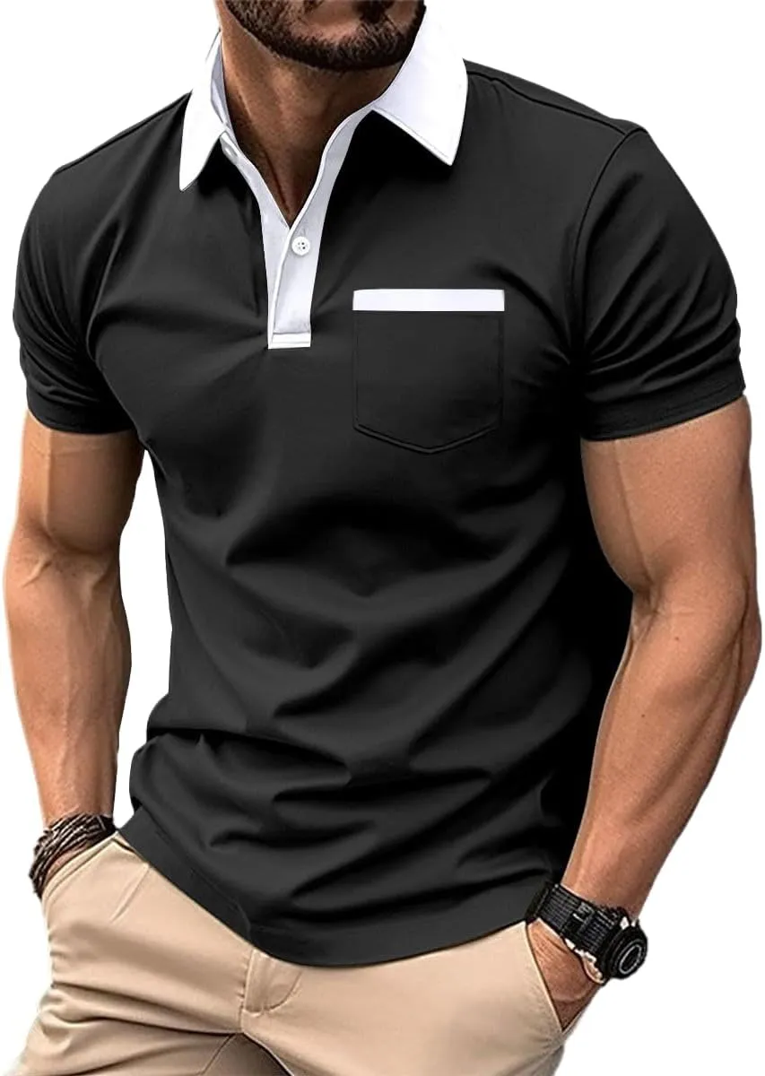 Mens Casual Polo Shirts Short Sleeve Button Golf Slim Fit Shirt with Pocket & Collar Spring Summer Stylish Tops