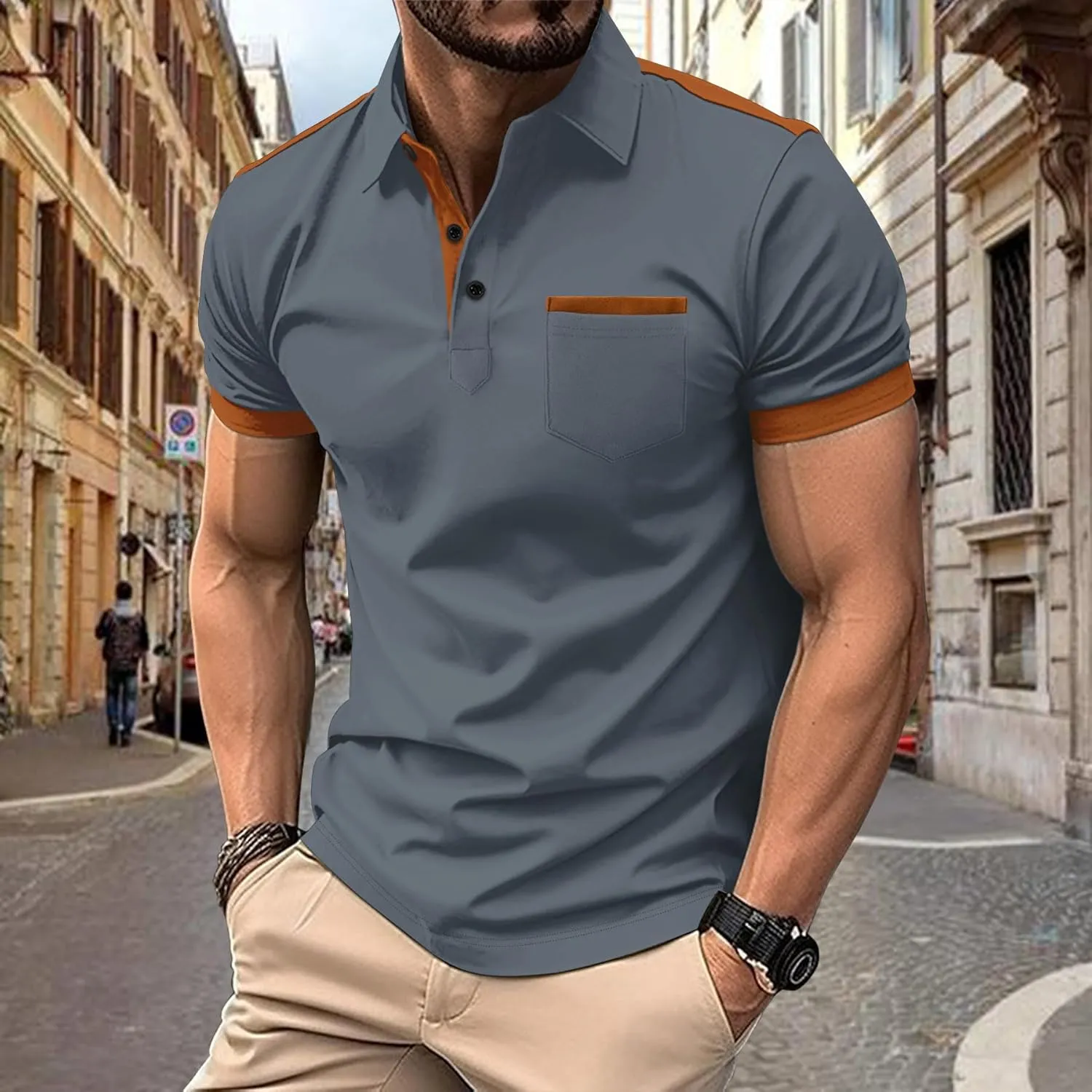Mens Casual Polo Shirts Short Sleeve Button Golf Slim Fit Shirt with Pocket & Collar Spring Summer Stylish Tops