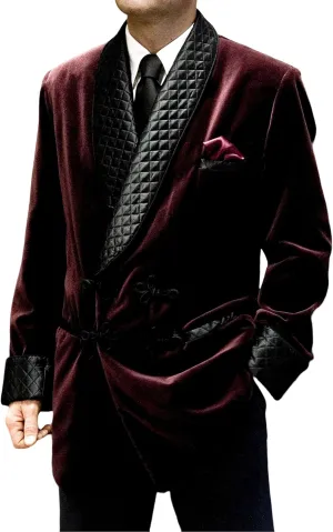 Men's Smoking Jacket Quilted Robe Burgundy Velvet Double Breasted Coat Dinner Jackets