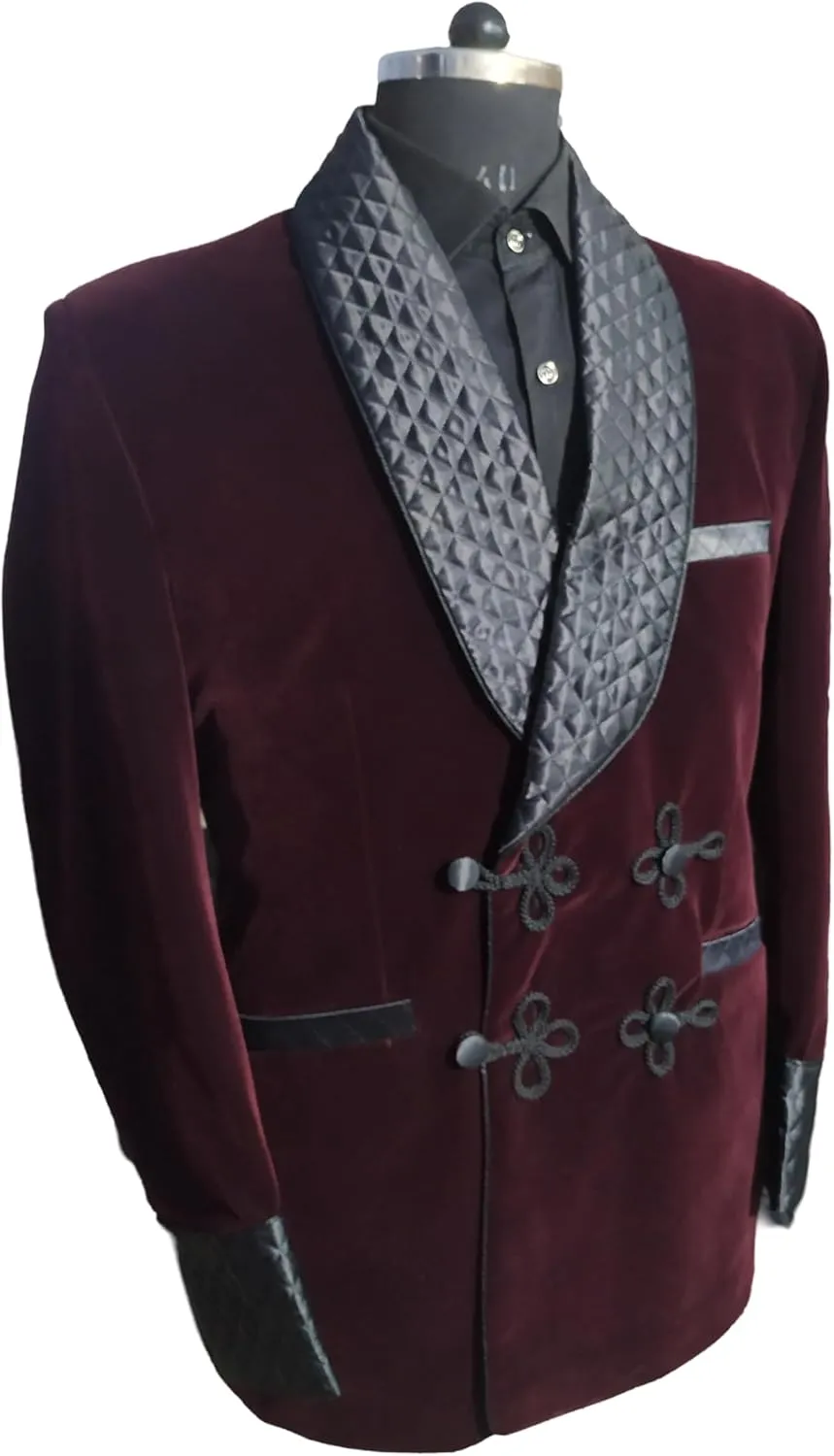 Men's Smoking Jacket Quilted Robe Burgundy Velvet Double Breasted Coat Dinner Jackets
