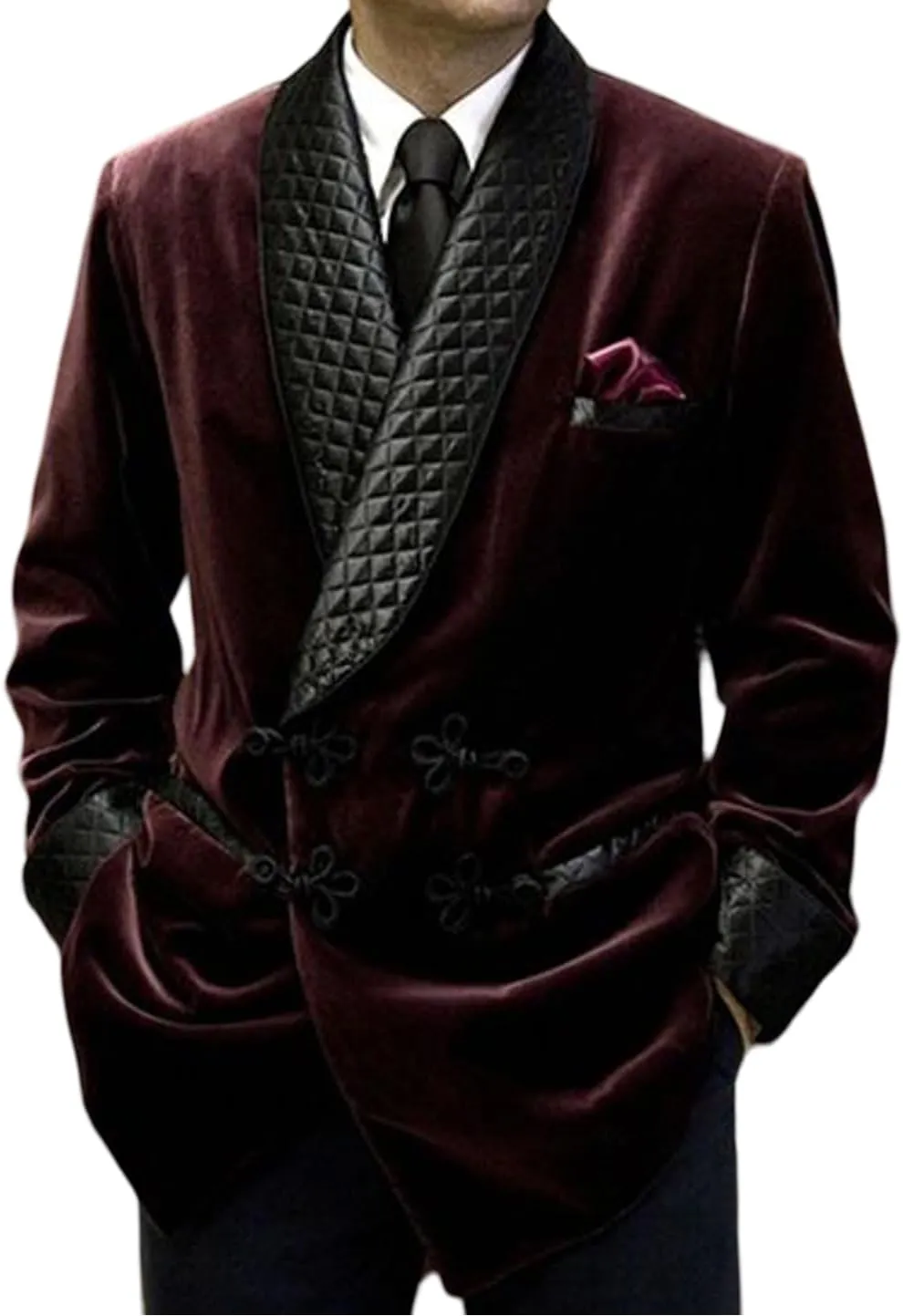 Men's Smoking Jacket Quilted Robe Burgundy Velvet Double Breasted Coat Dinner Jackets