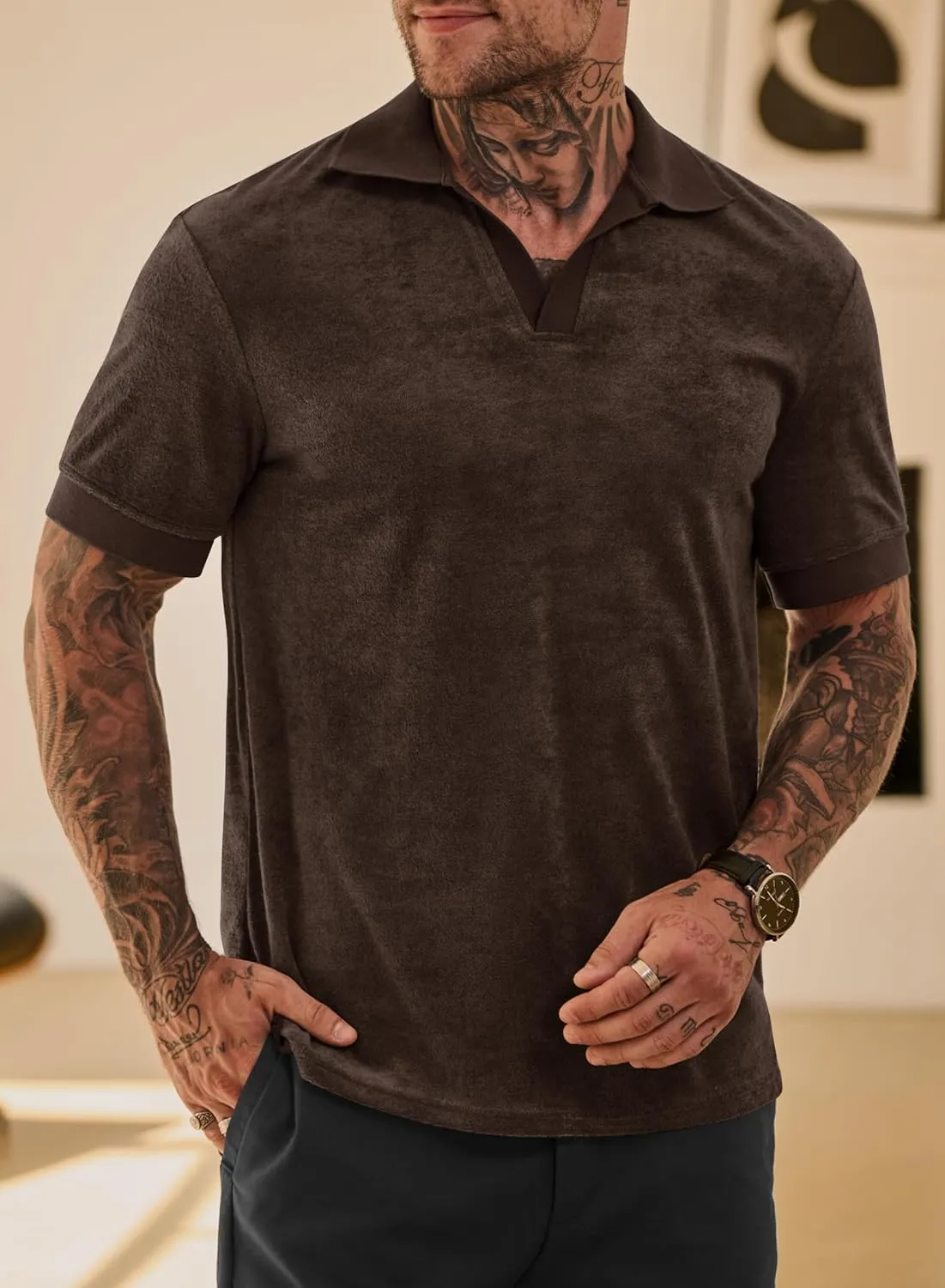 Mens Terry Polo Shirts Johnny Collar Casual Summer Short Sleeve Buttonless Shirt (S-XXL)