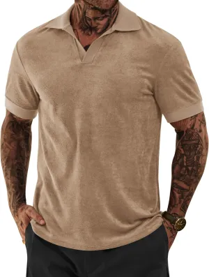 Mens Terry Polo Shirts Johnny Collar Casual Summer Short Sleeve Buttonless Shirt (S-XXL)