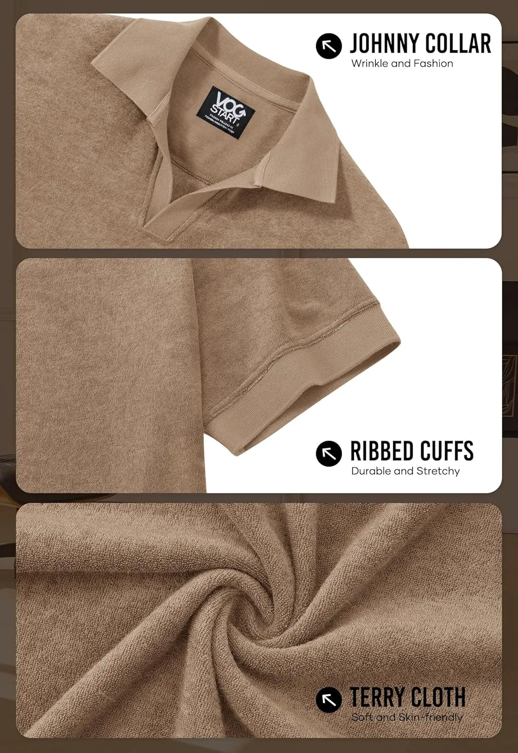 Mens Terry Polo Shirts Johnny Collar Casual Summer Short Sleeve Buttonless Shirt (S-XXL)