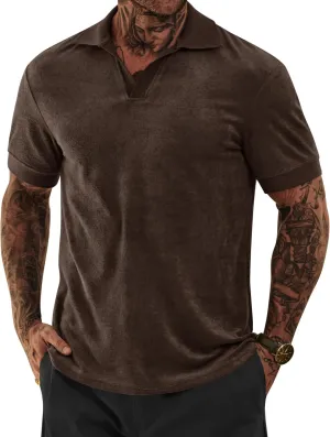 Mens Terry Polo Shirts Johnny Collar Casual Summer Short Sleeve Buttonless Shirt (S-XXL)