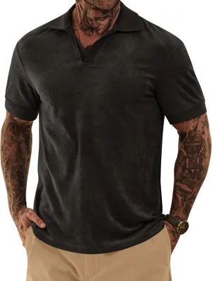 Mens Terry Polo Shirts Johnny Collar Casual Summer Short Sleeve Buttonless Shirt (S-XXL)