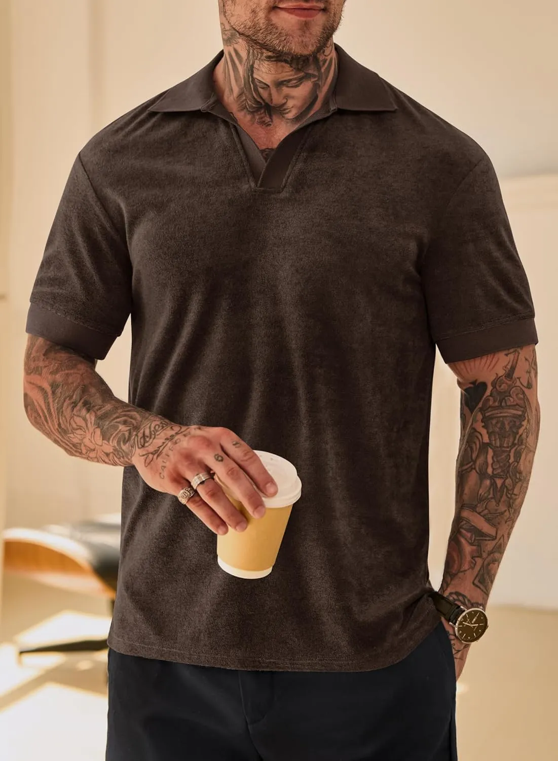 Mens Terry Polo Shirts Johnny Collar Casual Summer Short Sleeve Buttonless Shirt (S-XXL)