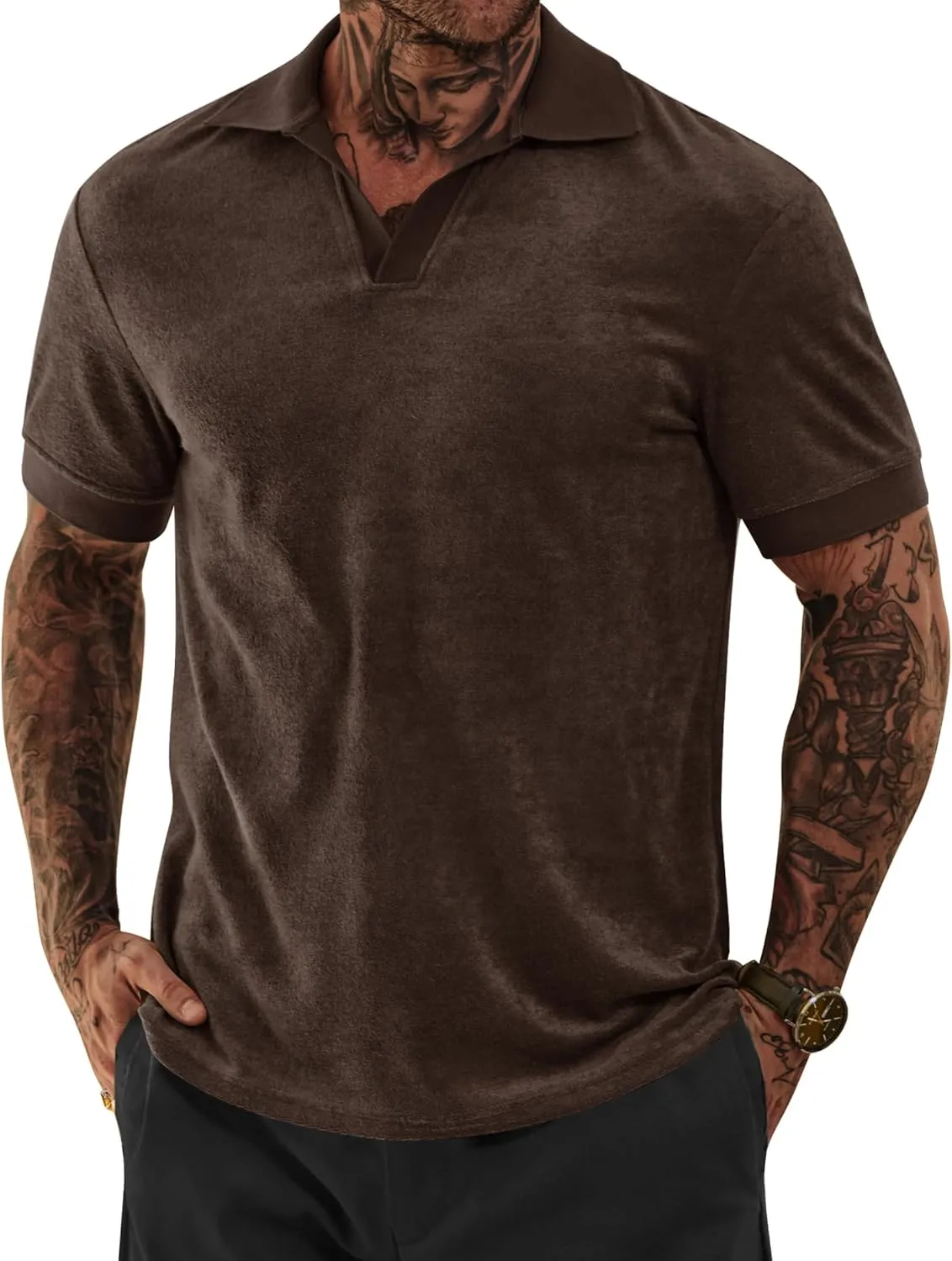 Mens Terry Polo Shirts Johnny Collar Casual Summer Short Sleeve Buttonless Shirt (S-XXL)