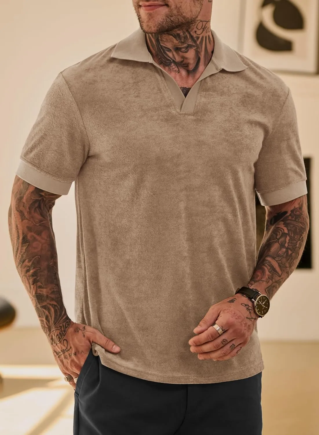 Mens Terry Polo Shirts Johnny Collar Casual Summer Short Sleeve Buttonless Shirt (S-XXL)