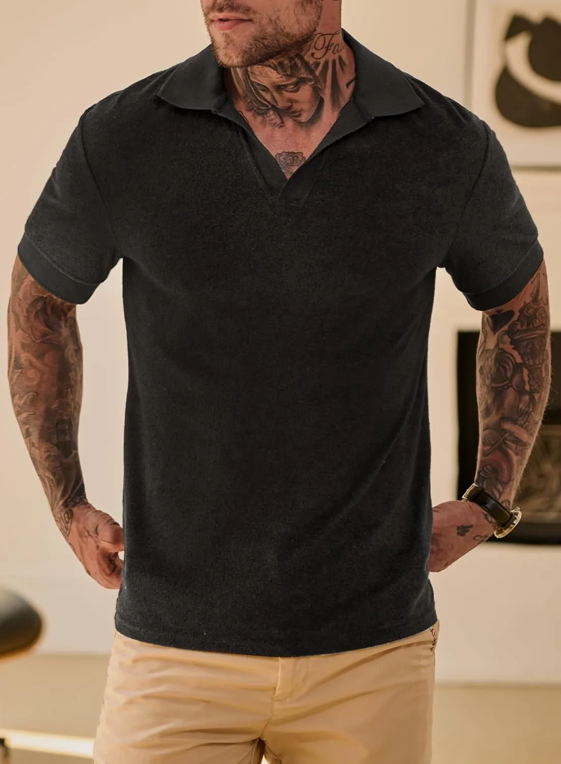 Mens Terry Polo Shirts Johnny Collar Casual Summer Short Sleeve Buttonless Shirt (S-XXL)
