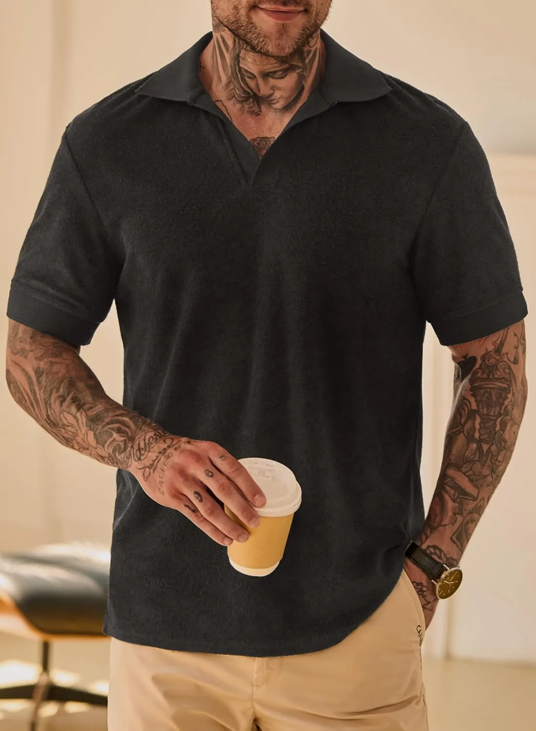 Mens Terry Polo Shirts Johnny Collar Casual Summer Short Sleeve Buttonless Shirt (S-XXL)
