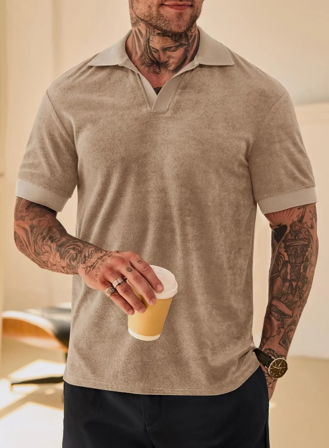 Mens Terry Polo Shirts Johnny Collar Casual Summer Short Sleeve Buttonless Shirt (S-XXL)