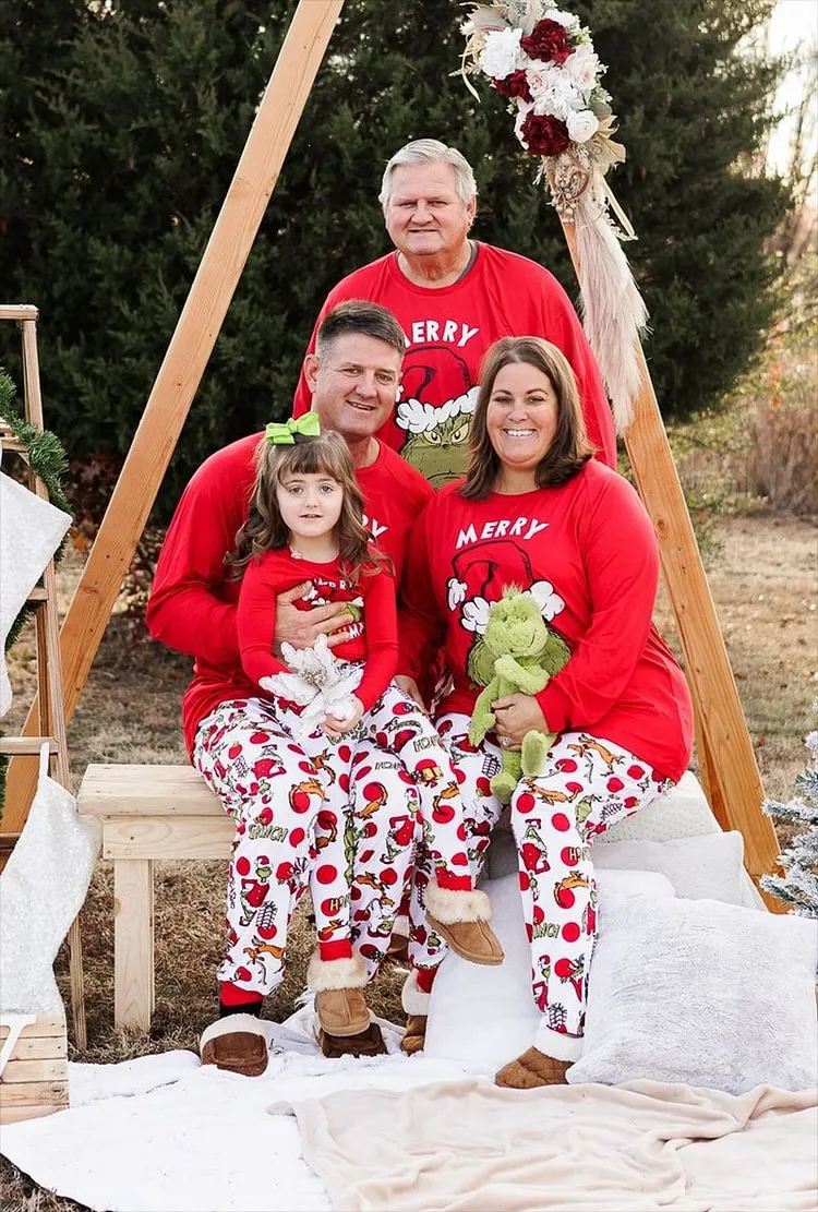 “Merry Christmas” Family Matching Grinch Cartoon Print Pajama Set