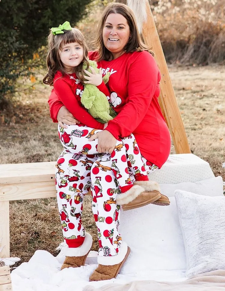 “Merry Christmas” Family Matching Grinch Cartoon Print Pajama Set
