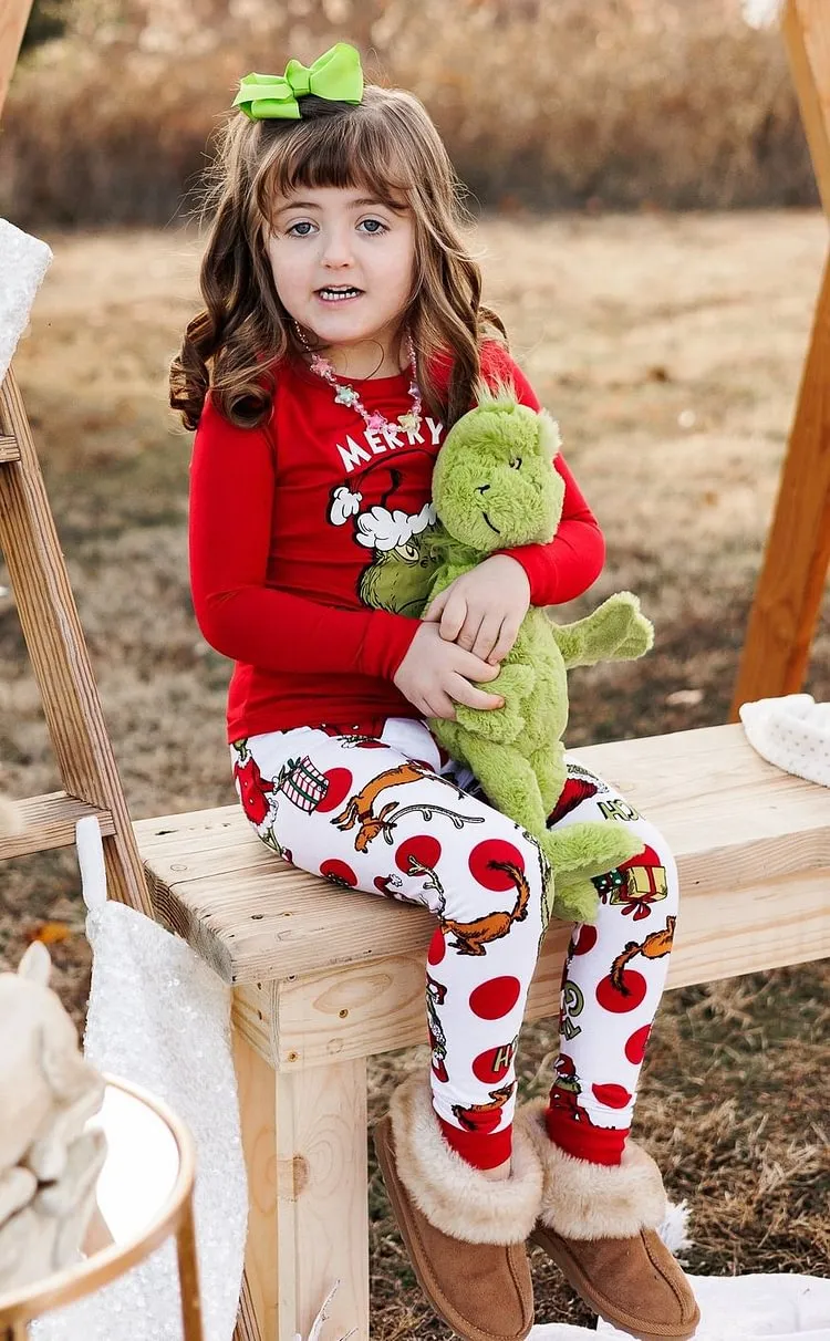 “Merry Christmas” Family Matching Grinch Cartoon Print Pajama Set