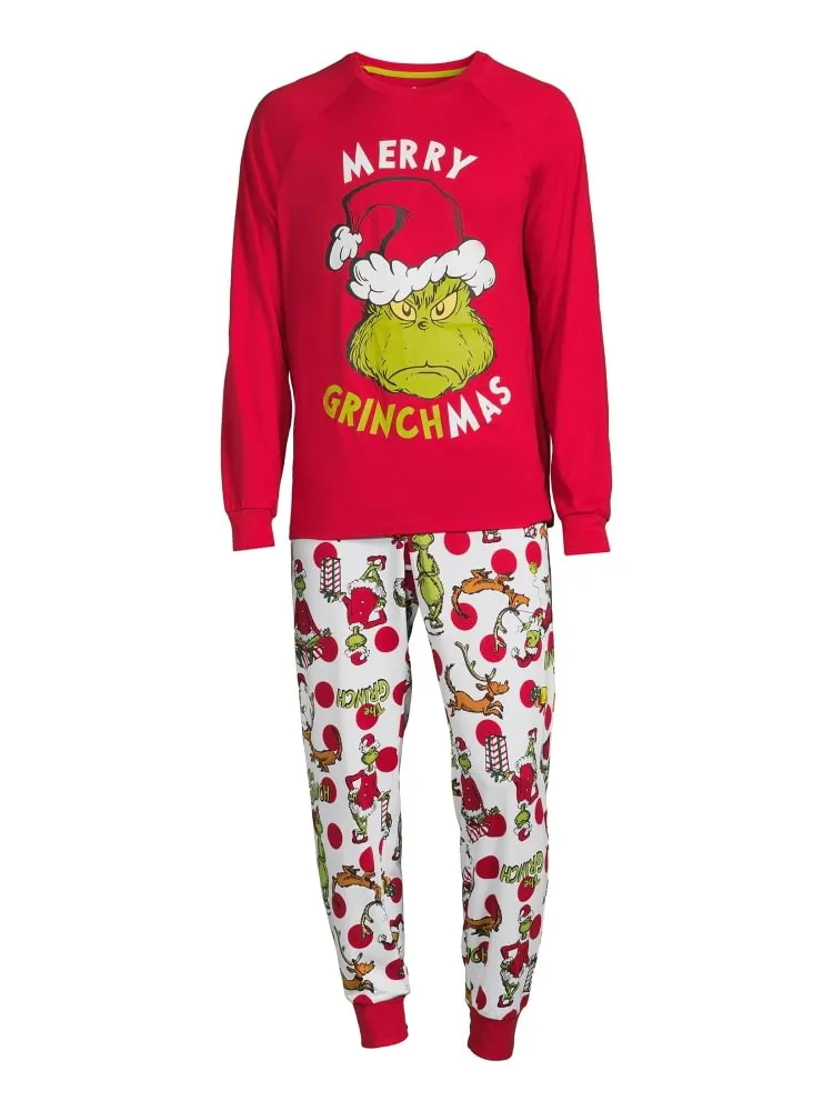 “Merry Christmas” Family Matching Grinch Cartoon Print Pajama Set
