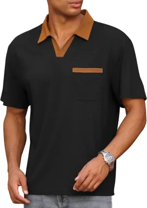 ODIZLI Men's Trendy Short Sleeve V Neck Knit Polo Shirt with Pocket Business Casual Shirts Athleisure
