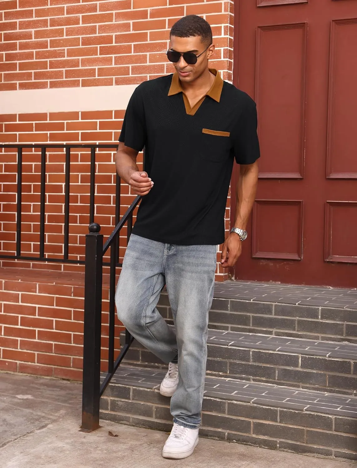 ODIZLI Men's Trendy Short Sleeve V Neck Knit Polo Shirt with Pocket Business Casual Shirts Athleisure