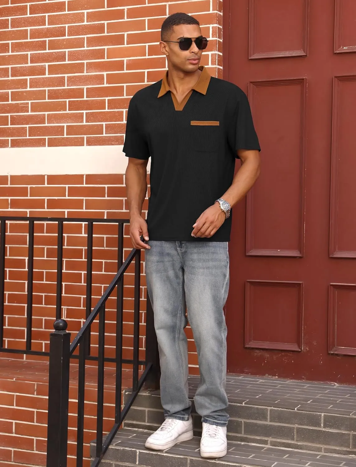 ODIZLI Men's Trendy Short Sleeve V Neck Knit Polo Shirt with Pocket Business Casual Shirts Athleisure