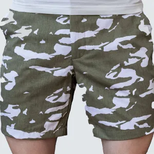 Olive & White Abstract Tiger Stripe Japanese Print Cotton Shorts - Made in USA