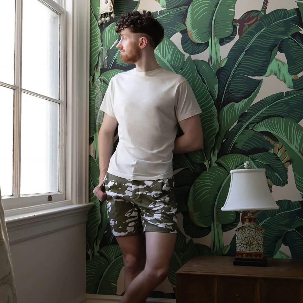 Olive & White Abstract Tiger Stripe Japanese Print Cotton Shorts - Made in USA