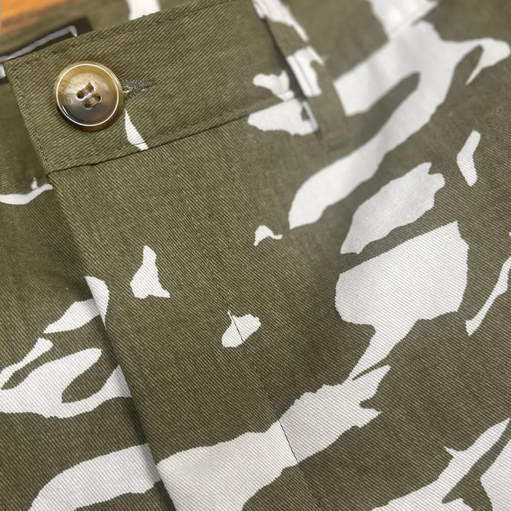 Olive & White Abstract Tiger Stripe Japanese Print Cotton Shorts - Made in USA