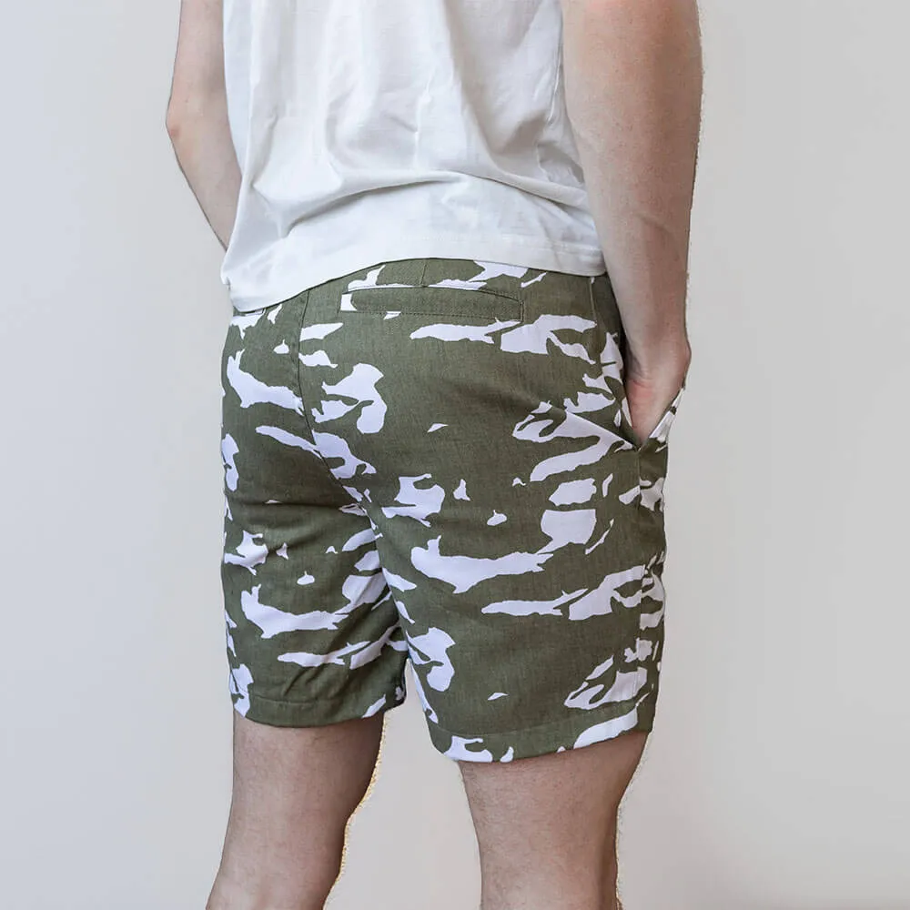 Olive & White Abstract Tiger Stripe Japanese Print Cotton Shorts - Made in USA