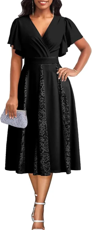 PaladMom Women's Casual Spring Summer Flowy A Line Work Dresses Sexy Deep V Neck Short Sleeve Hem Tiered Swing Midi Dress