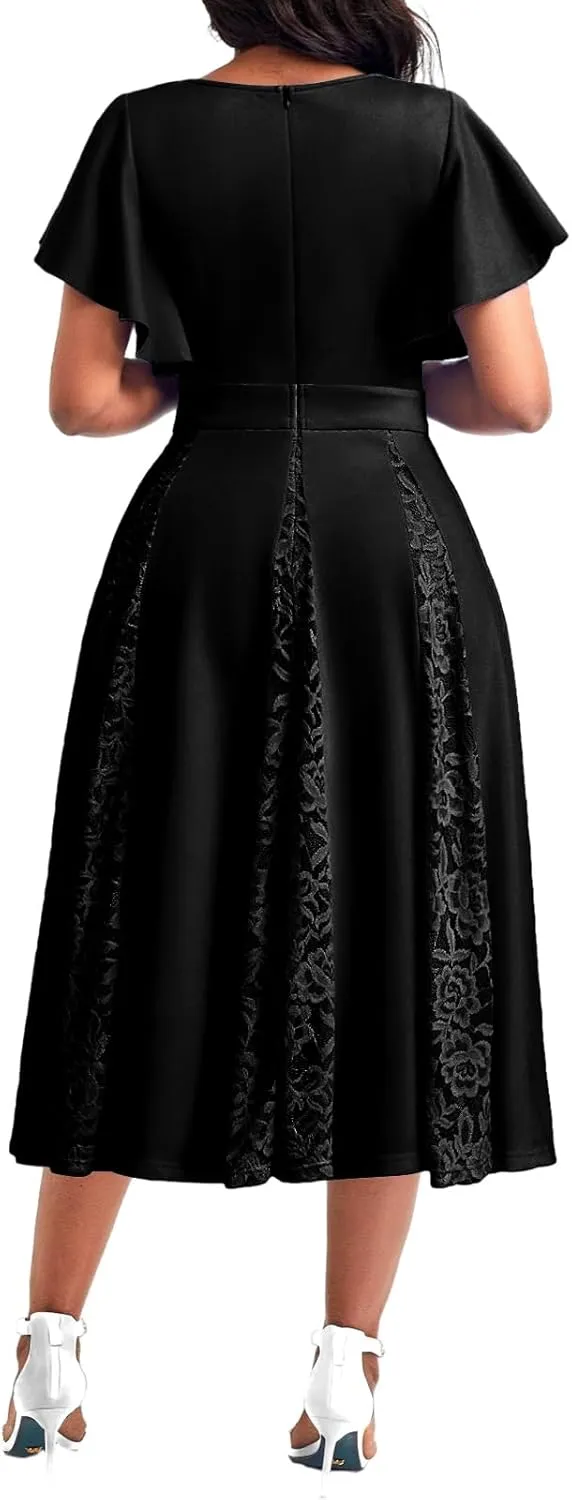 PaladMom Women's Casual Spring Summer Flowy A Line Work Dresses Sexy Deep V Neck Short Sleeve Hem Tiered Swing Midi Dress