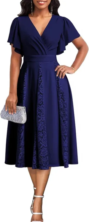 PaladMom Women's Casual Spring Summer Flowy A Line Work Dresses Sexy Deep V Neck Short Sleeve Hem Tiered Swing Midi Dress