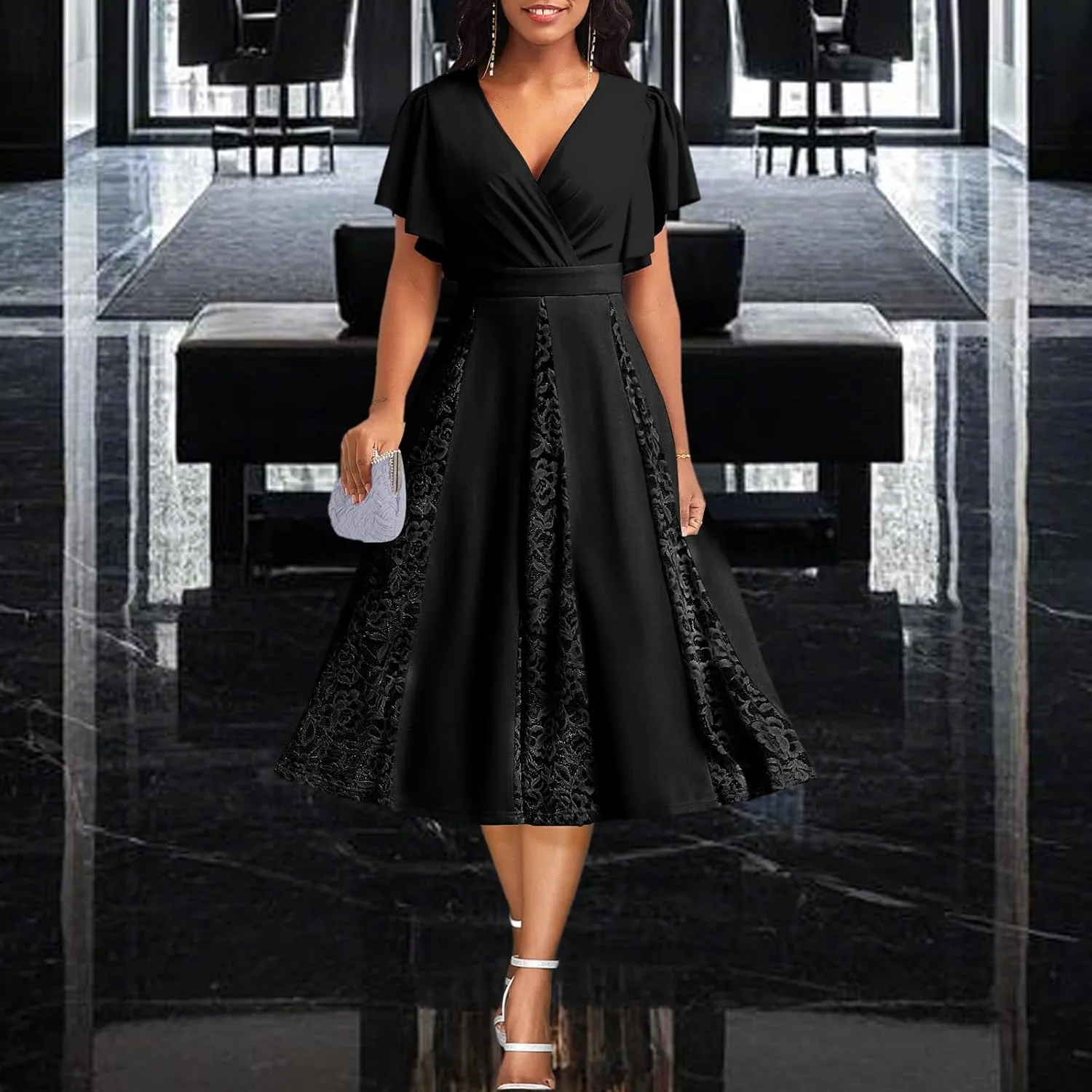 PaladMom Women's Casual Spring Summer Flowy A Line Work Dresses Sexy Deep V Neck Short Sleeve Hem Tiered Swing Midi Dress