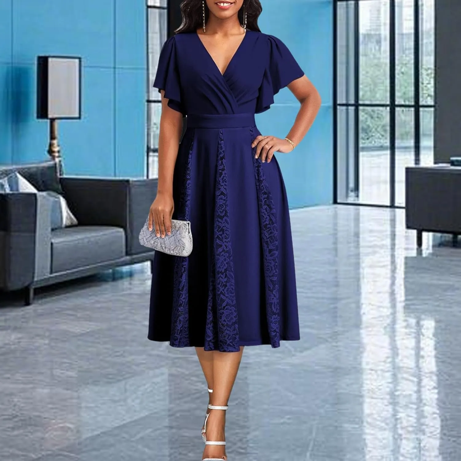 PaladMom Women's Casual Spring Summer Flowy A Line Work Dresses Sexy Deep V Neck Short Sleeve Hem Tiered Swing Midi Dress
