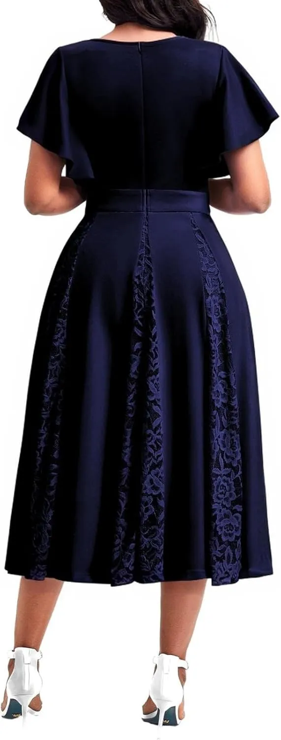 PaladMom Women's Casual Spring Summer Flowy A Line Work Dresses Sexy Deep V Neck Short Sleeve Hem Tiered Swing Midi Dress