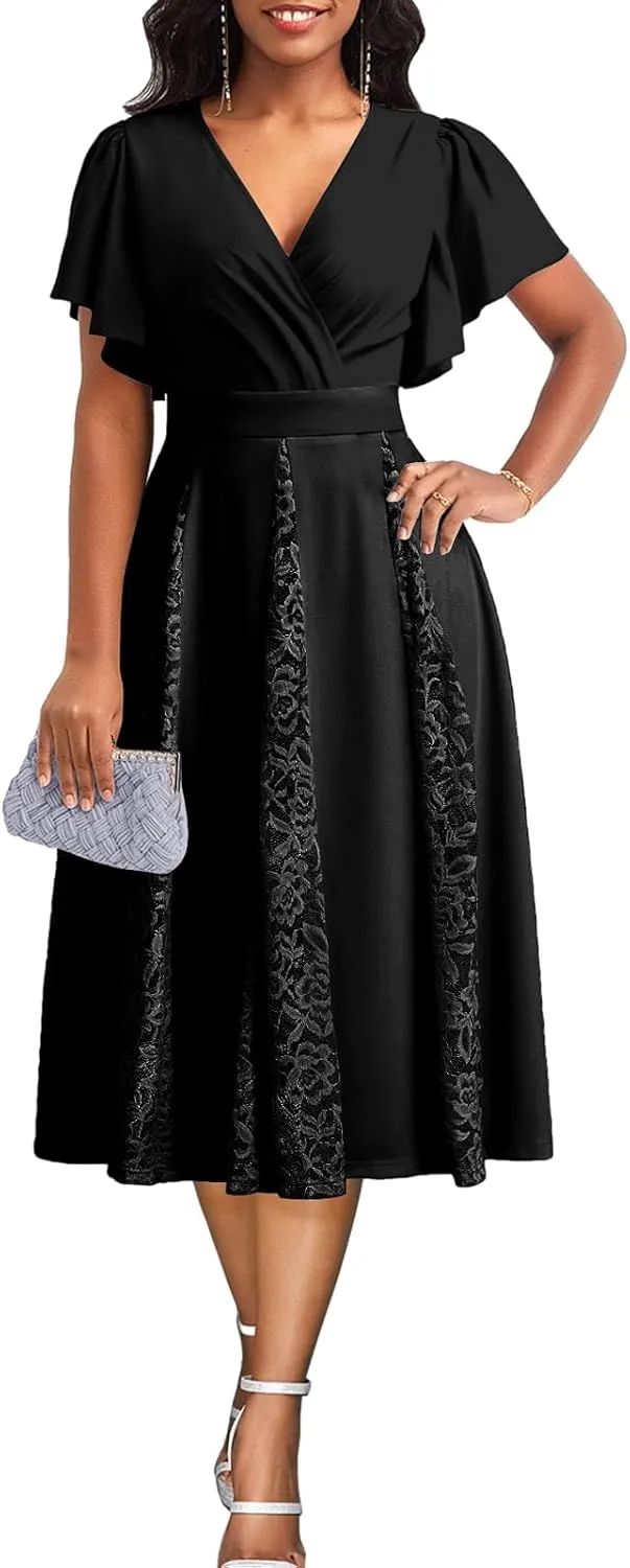 PaladMom Women's Casual Spring Summer Flowy A Line Work Dresses Sexy Deep V Neck Short Sleeve Hem Tiered Swing Midi Dress
