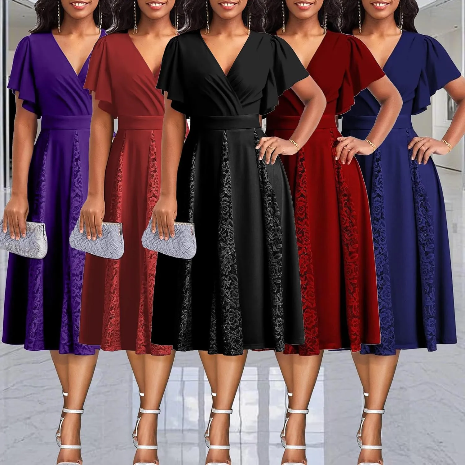 PaladMom Women's Casual Spring Summer Flowy A Line Work Dresses Sexy Deep V Neck Short Sleeve Hem Tiered Swing Midi Dress