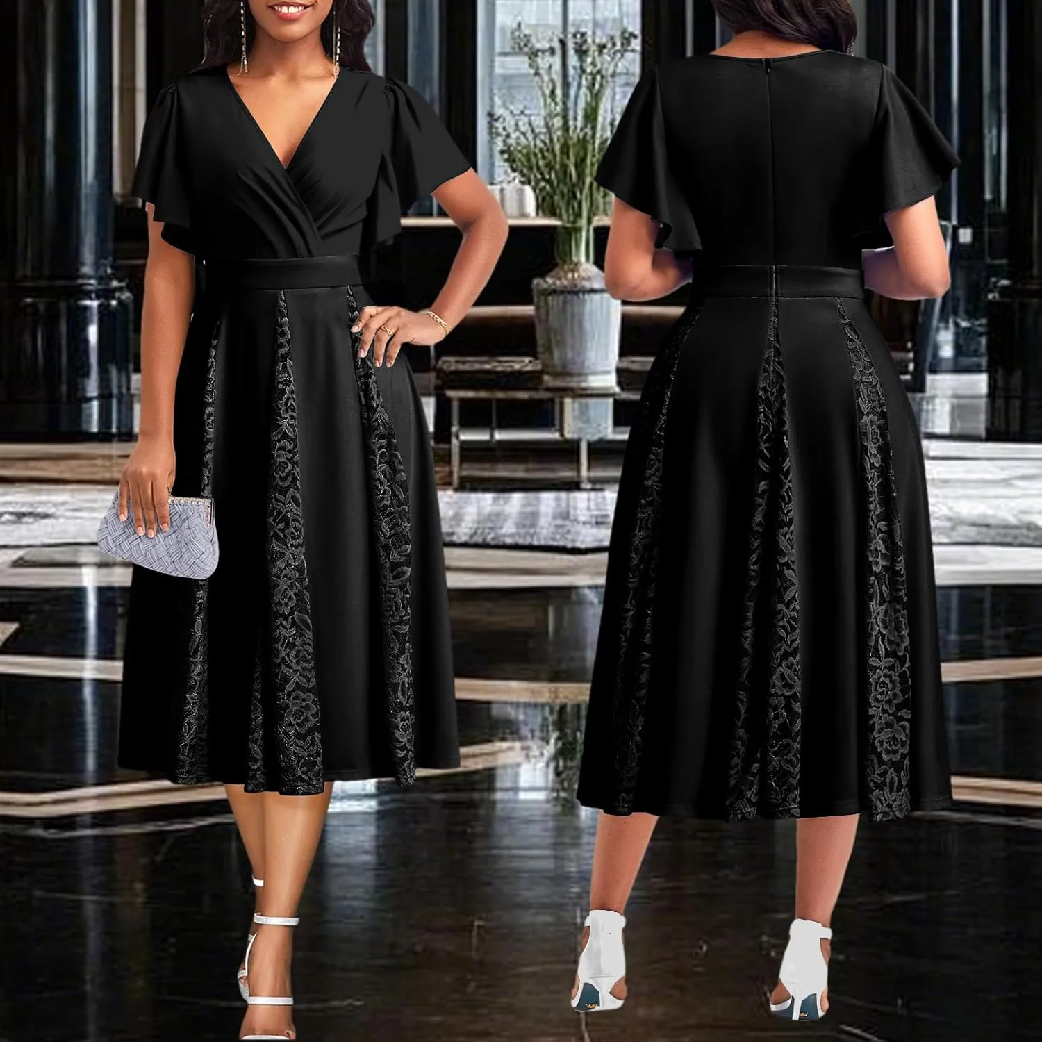 PaladMom Women's Casual Spring Summer Flowy A Line Work Dresses Sexy Deep V Neck Short Sleeve Hem Tiered Swing Midi Dress