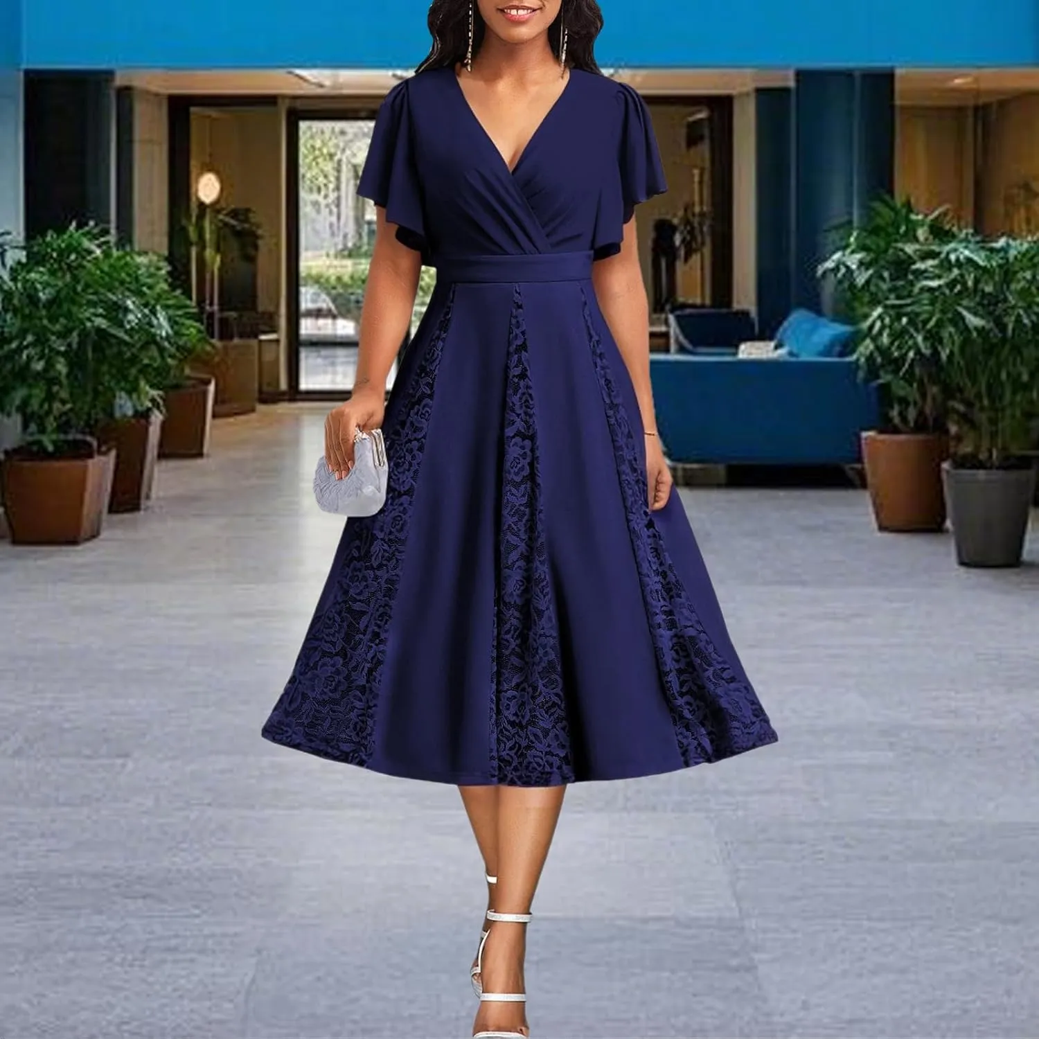 PaladMom Women's Casual Spring Summer Flowy A Line Work Dresses Sexy Deep V Neck Short Sleeve Hem Tiered Swing Midi Dress