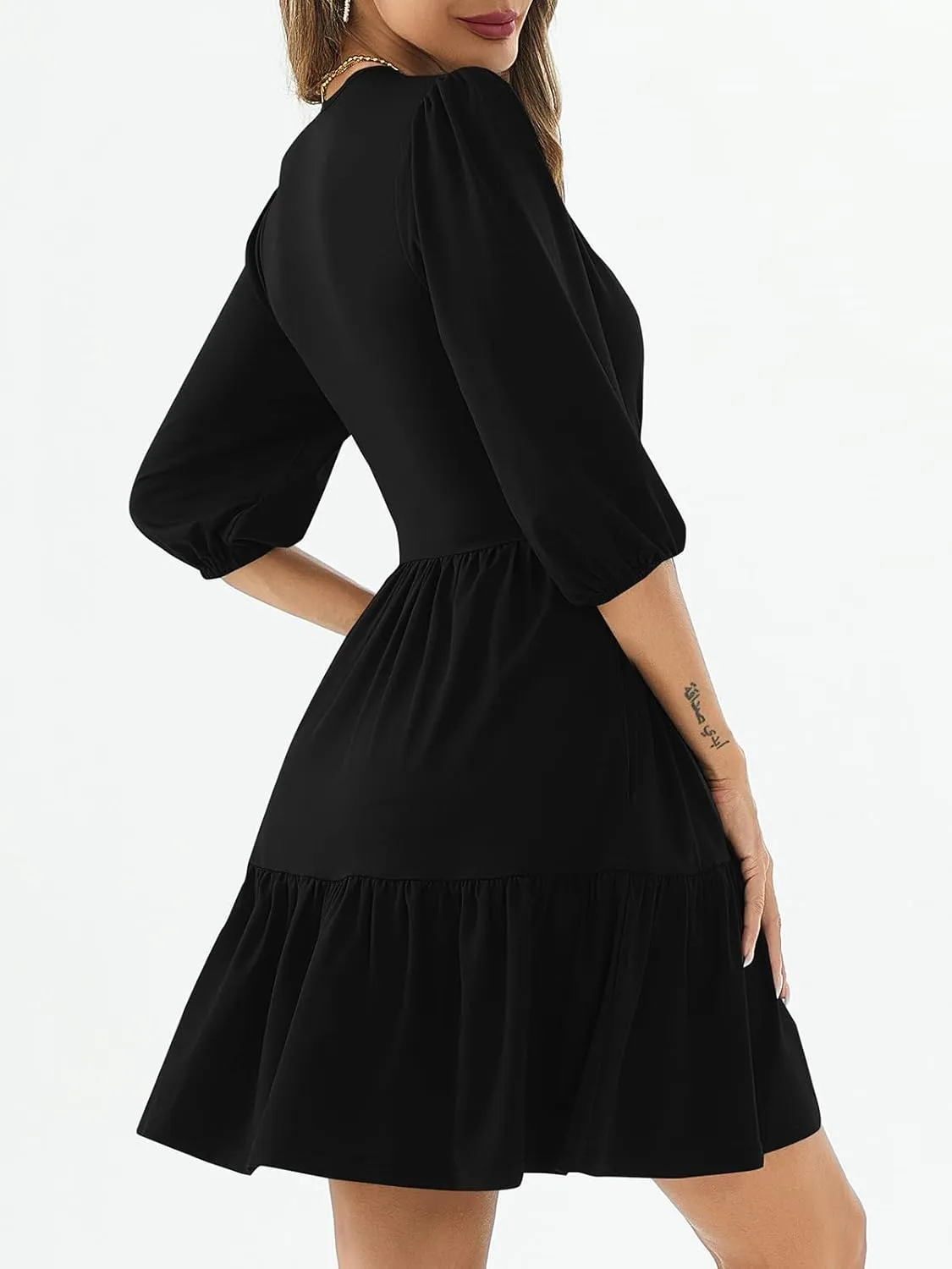 PerZeal Women's Wrap V Neck 3/4 Sleeve Wedding Guest Dress Elastic Waist Tiered Belted Ruffle Hem Mini Dress