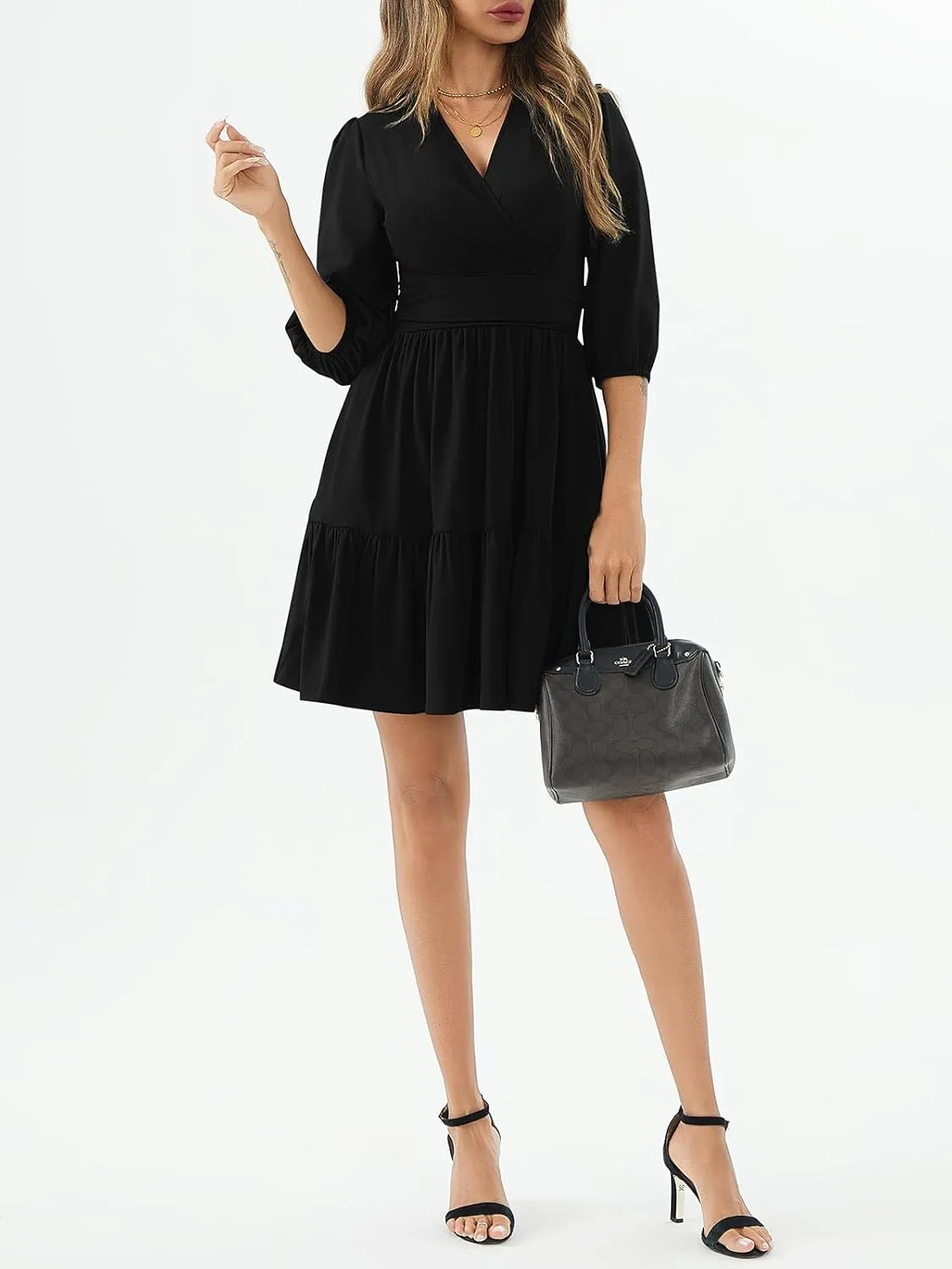 PerZeal Women's Wrap V Neck 3/4 Sleeve Wedding Guest Dress Elastic Waist Tiered Belted Ruffle Hem Mini Dress