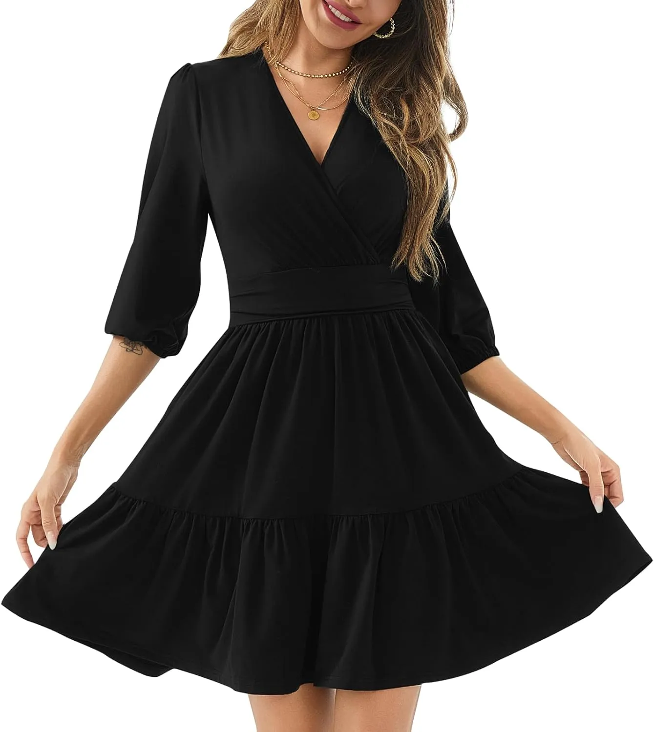 PerZeal Women's Wrap V Neck 3/4 Sleeve Wedding Guest Dress Elastic Waist Tiered Belted Ruffle Hem Mini Dress