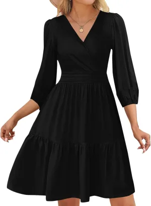 PerZeal Women's Wrap V Neck 3/4 Sleeve Wedding Guest Dress Elastic Waist Tiered Belted Ruffle Hem Mini Dress