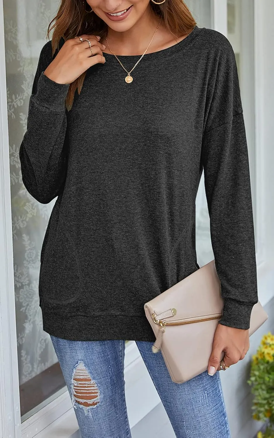 PLOKNRD Women Casual Round Neck Long Sleeve Fit Tunic Top Baggy Comfy Blouse with Pockets