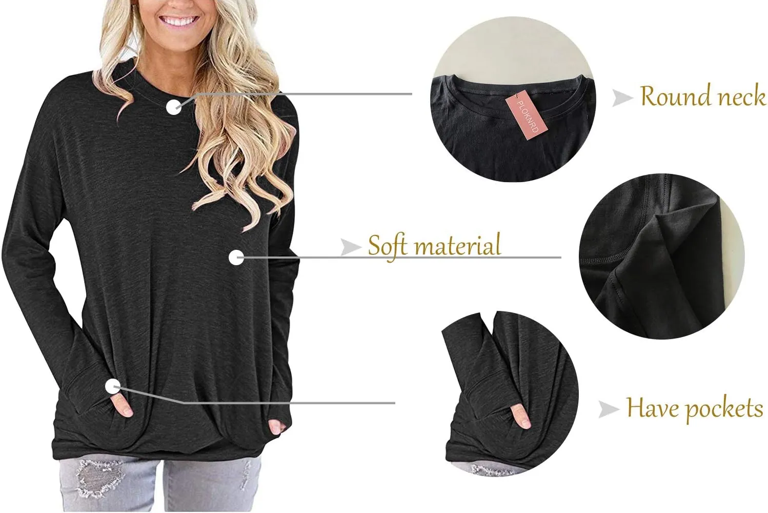 PLOKNRD Women Casual Round Neck Long Sleeve Fit Tunic Top Baggy Comfy Blouse with Pockets