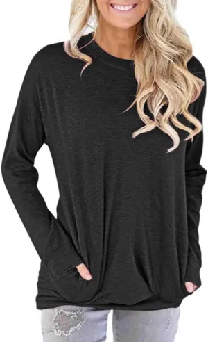 PLOKNRD Women Casual Round Neck Long Sleeve Fit Tunic Top Baggy Comfy Blouse with Pockets