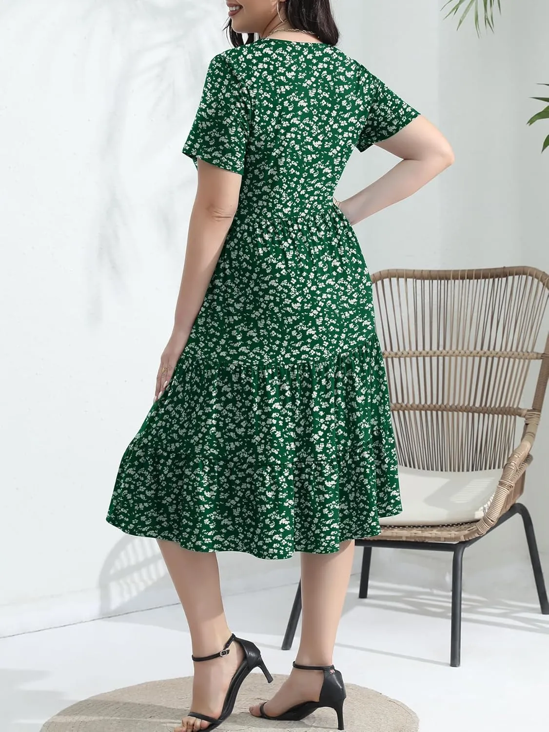 Plus Size Elegant Floral Dresses for Women 2025 Midi Tiered Flowy Belted Modest Wedding Guest Dress with Pockets