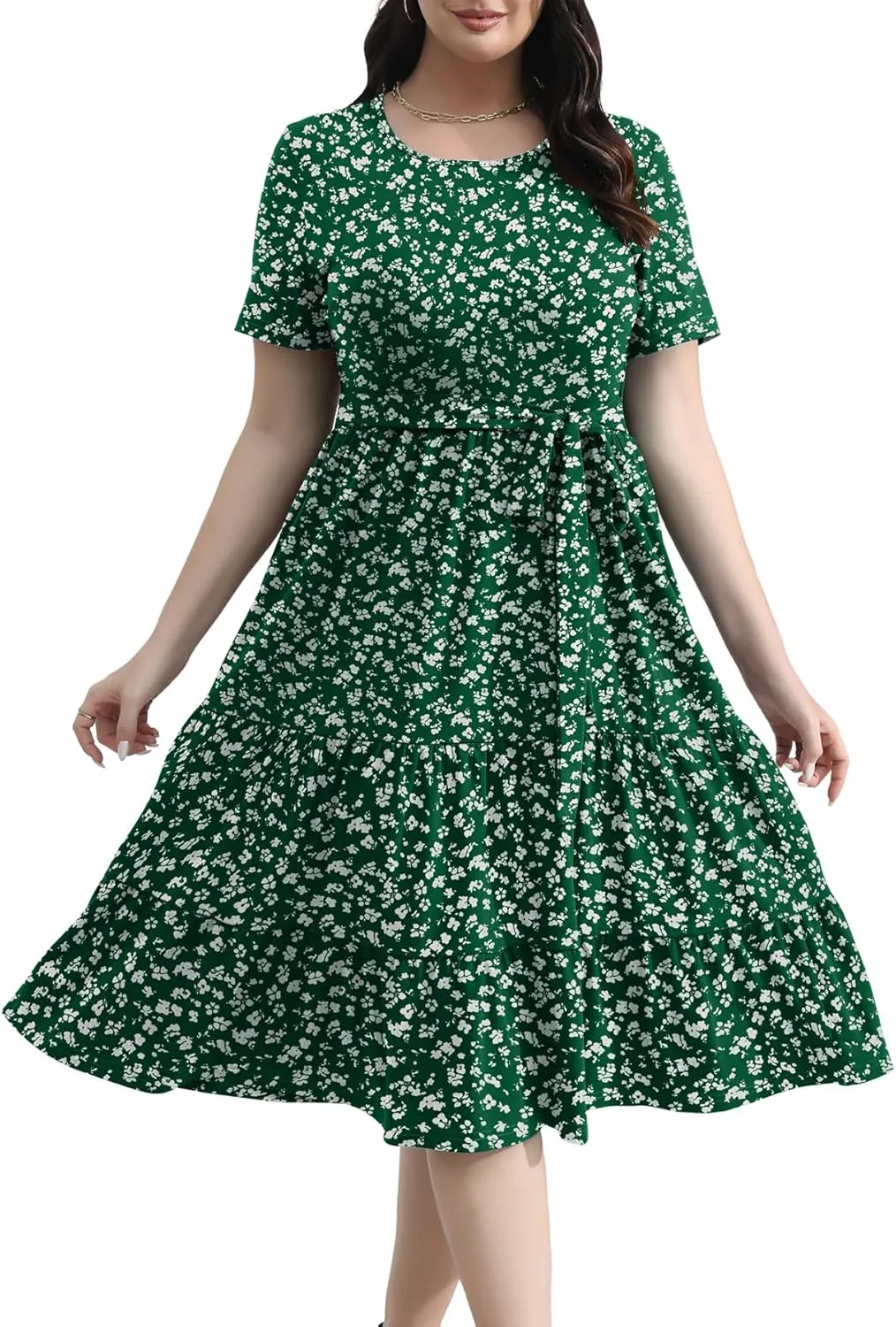 Plus Size Elegant Floral Dresses for Women 2025 Midi Tiered Flowy Belted Modest Wedding Guest Dress with Pockets