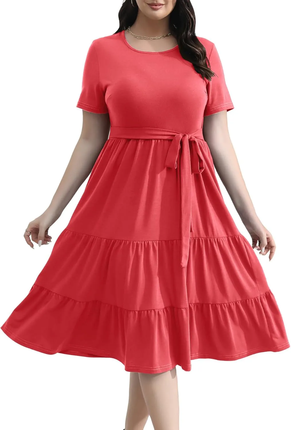 Plus Size Elegant Floral Dresses for Women 2025 Midi Tiered Flowy Belted Modest Wedding Guest Dress with Pockets